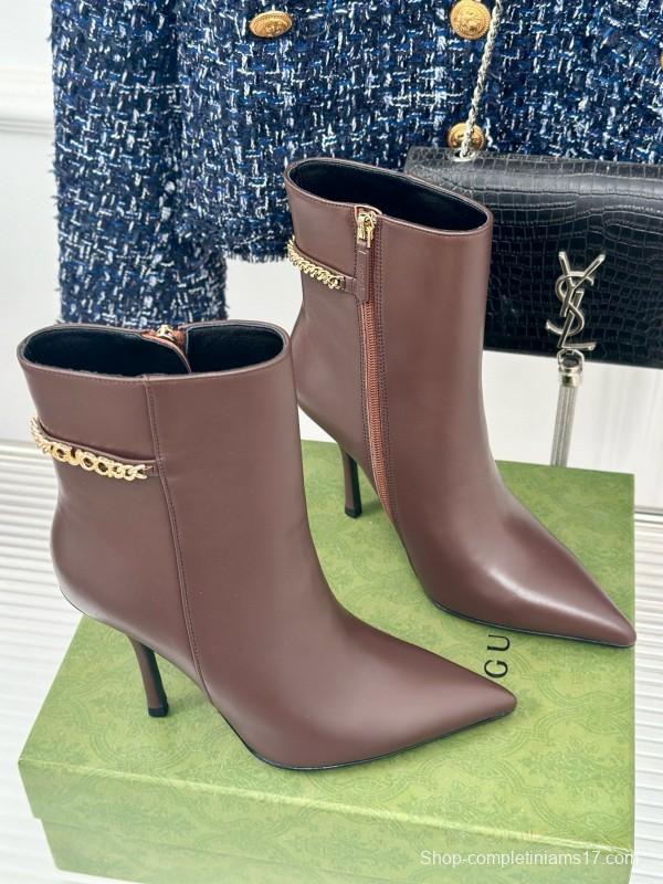 2024 Women Gucci brown calf leather ankle boots chain MJ00410