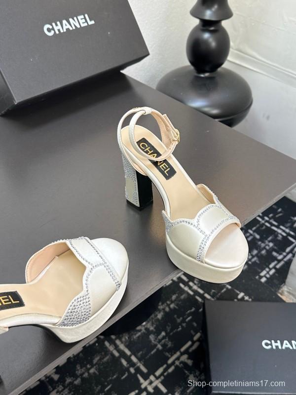 2025 Women Chanel White Leather Platform Sandals Beaded LY00320