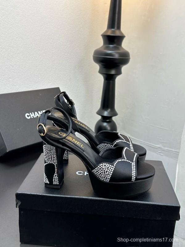 2025 Women Chanel Black Fabric Leather Rhinestone Platform Sandals KFY00320