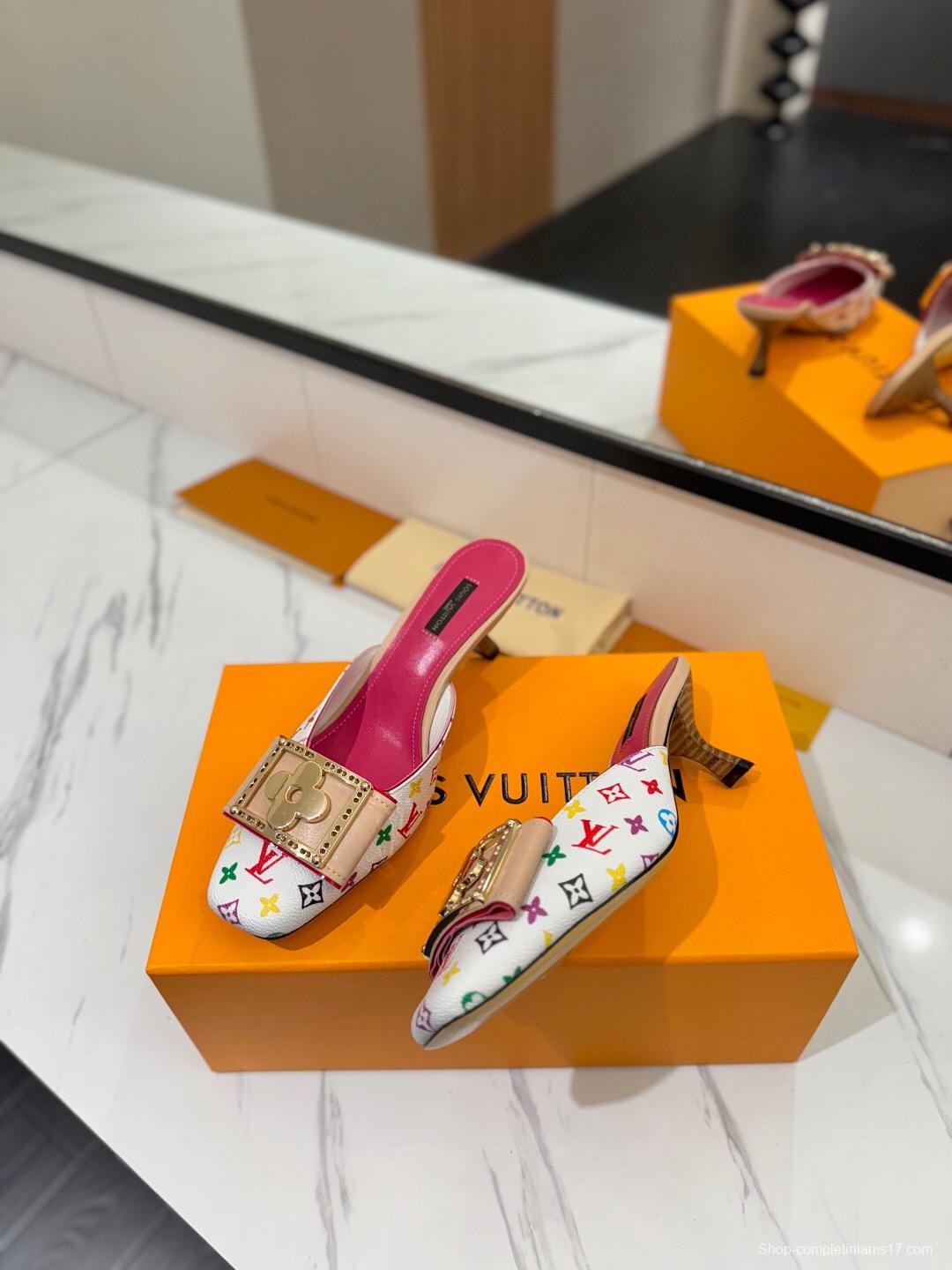 2025 Women Louis Vuitton White Pink Leather Mules