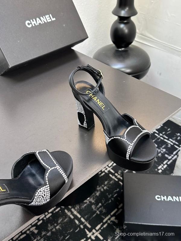 2025 Women Chanel Black Fabric Leather Rhinestone Platform Sandals KFY00320