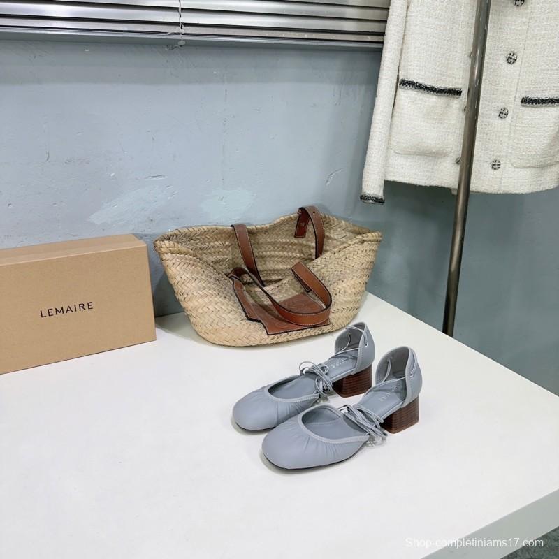 2025 Women LEMAIRE Light Grey Leather Mary Jane Block Heel KFY00300