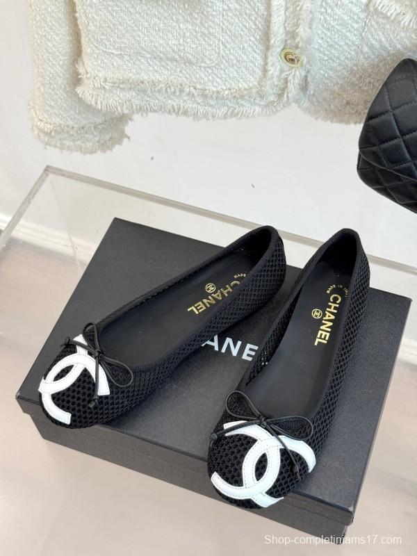 2025 Women Chanel Black White Mesh Leather Ballet Flats KFY00260