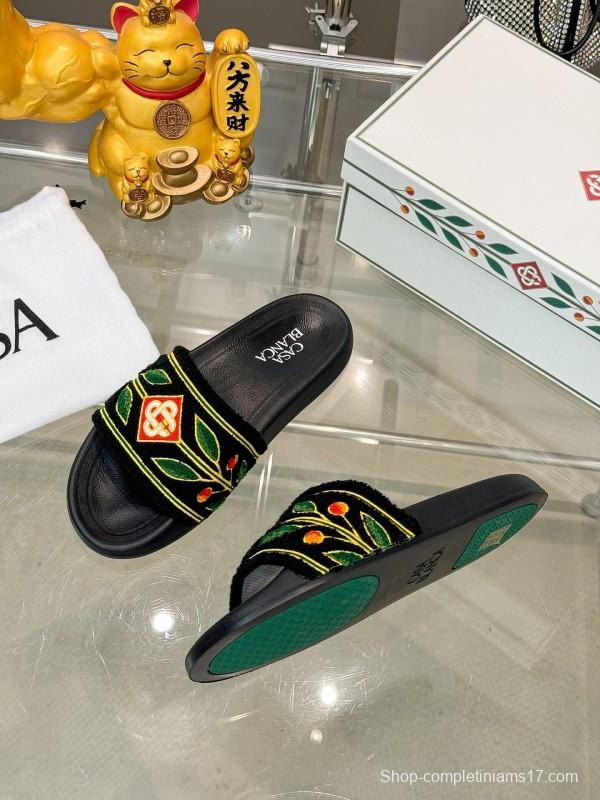 2025 Men CASA BLANCA Black Green Red Embroidered Leather Slippers Embroidery KFY00160