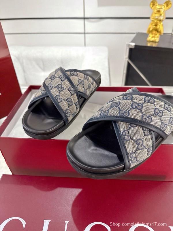 2025 Unisex Gucci Grey Black Canvas Slippers Double G Embossed AS00240