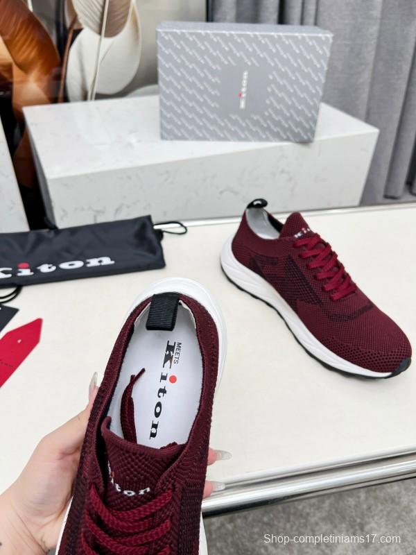 2025 Unisex Kiton Burgundy Knit Casual Sneakers Lightweight Rubber Sole AS00320