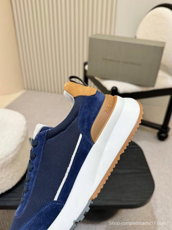 2025 Men Brunello Cucinelli Navy White Brown Calfskin Leather Sneakers AS00320
