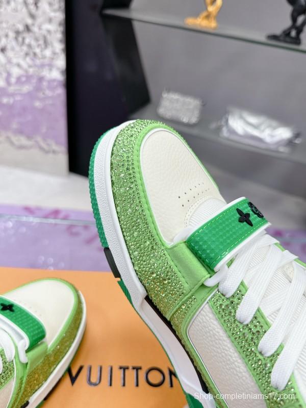 2025 Unisex Louis Vuitton Green White Leather Fabric Plimsolls Handmade Crystal Detailing AS00400