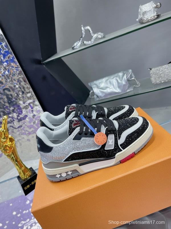 2025 Unisex Louis Vuitton Black White Leather Denim Plimsolls Handcrafted Diamonds AS00400