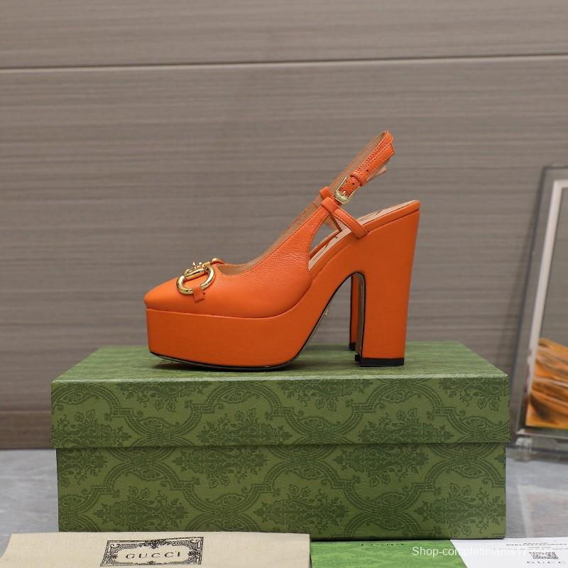 2025 Women Gucci Orange Leather Platform High Heels KFY00320