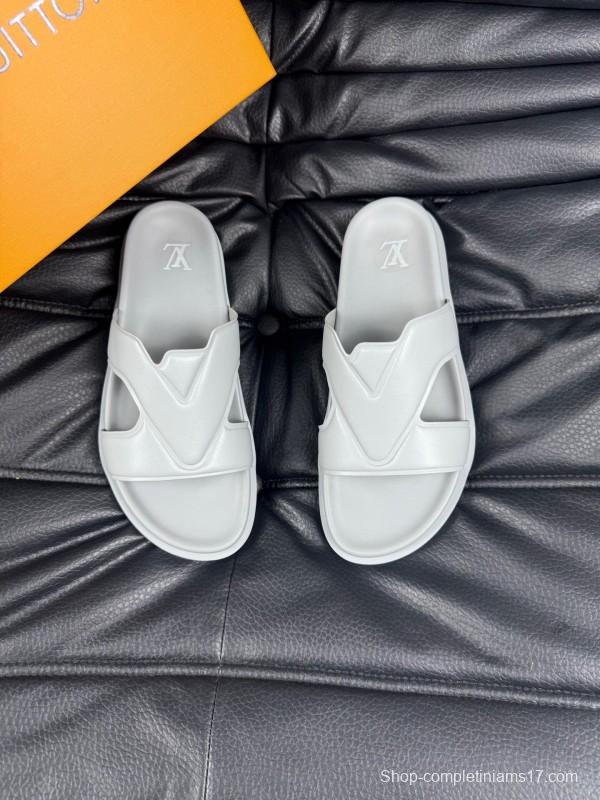 2025 Men Louis Vuitton White Leather Slippers AS00180