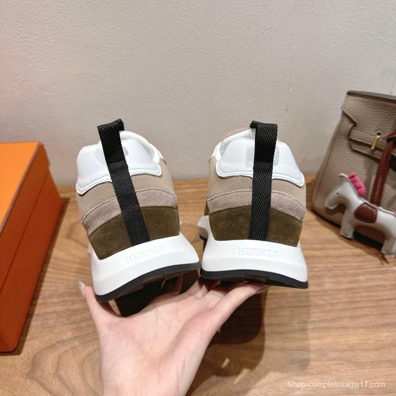 2025 Unisex HERMES White Beige Khaki Fabric Leather Sneakers AS00400