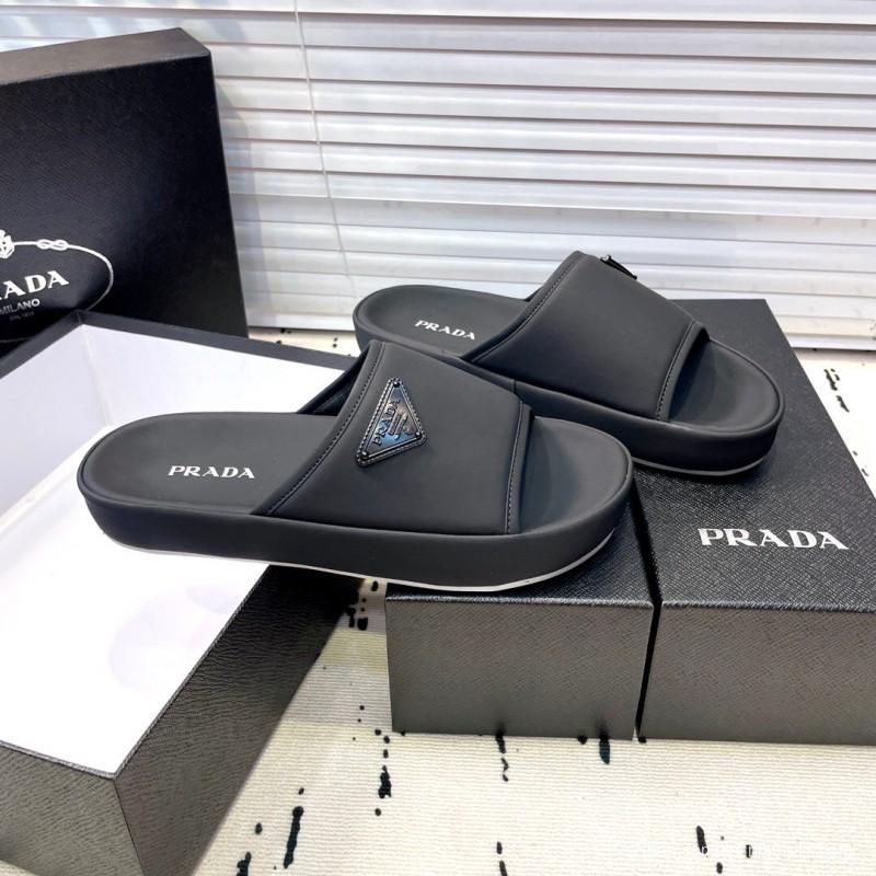 2025 Men Prada Black Fabric Slippers Logo KFY00230