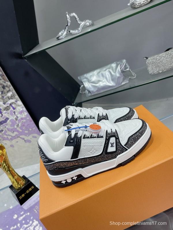 2025 Unisex Louis Vuitton White Black Leather Fabric Plimsolls Handcrafted Rhinestones AS00400