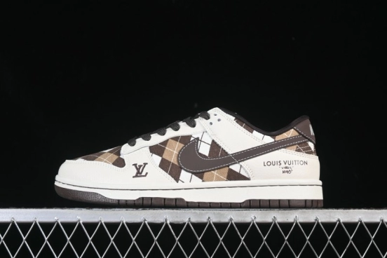 Nike SB Dunk Low LV Collaboration White Brown Grid High-End Custom Low-Top Casual Skate Shoes - SC0601-461
