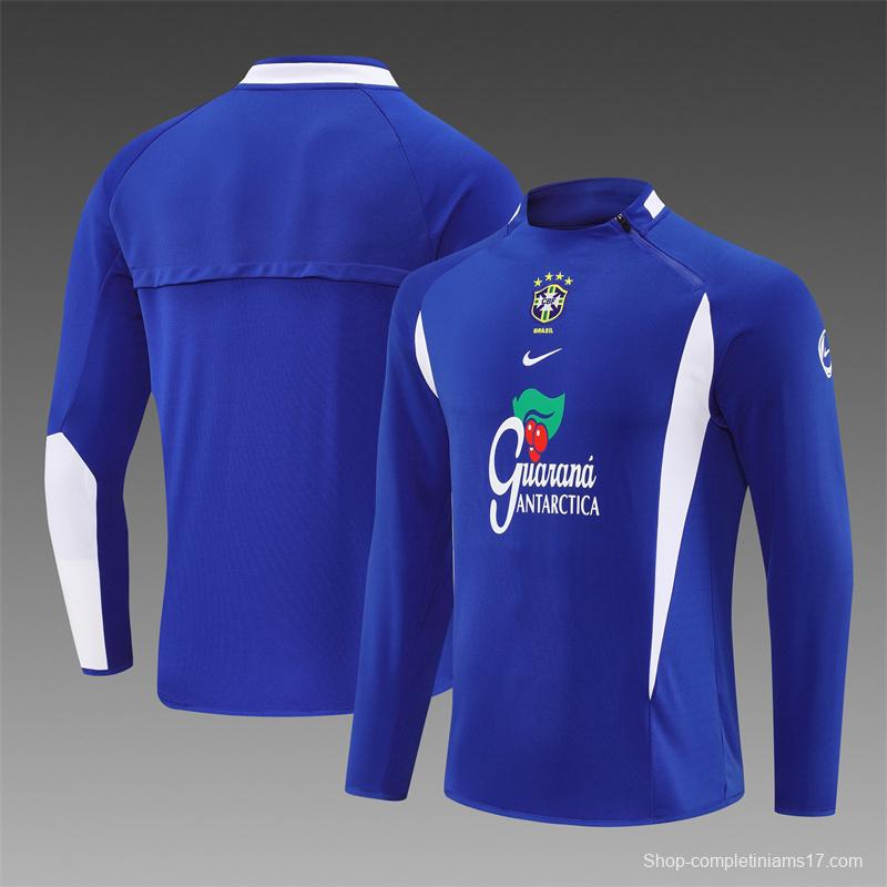 2002 Brazil Color Blue Half Zipper Jacket+Long Pants