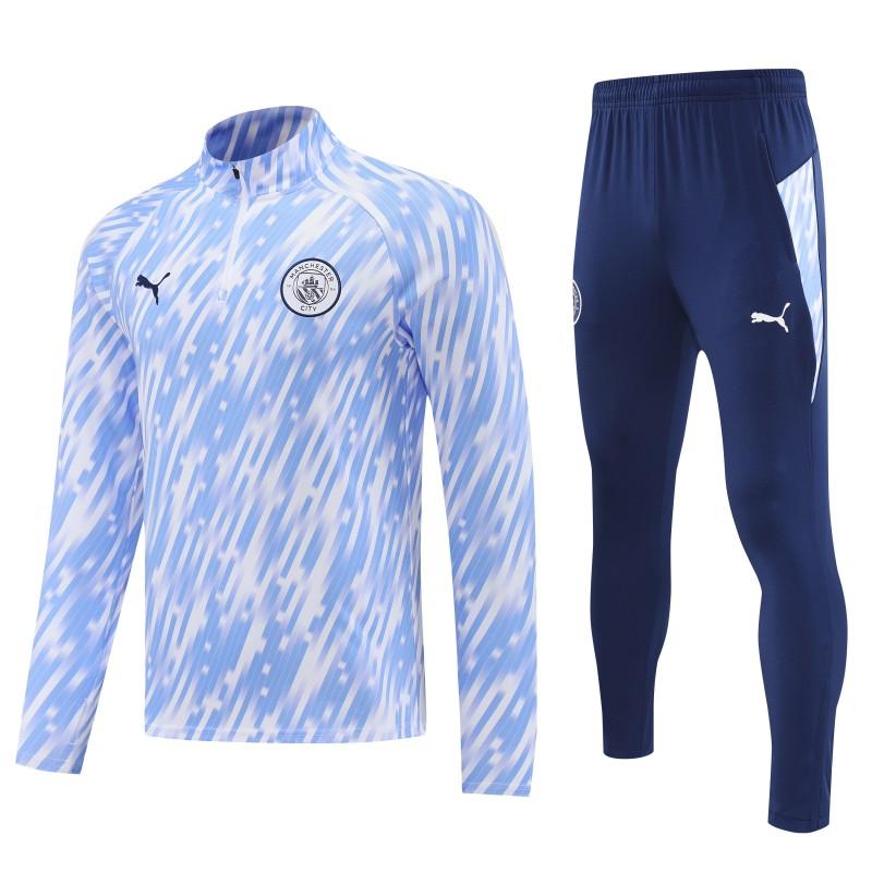 25/26 Manchester City White with Sky Blue Diagonal Stripes Half Zipper Jacket Tracksuit +Long Pants