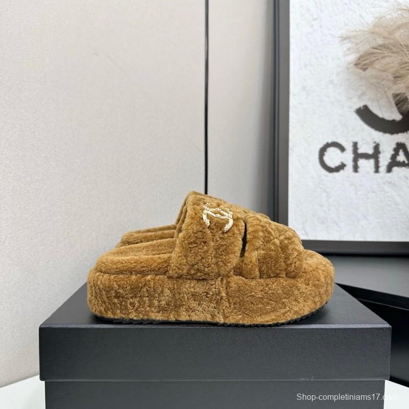 Chanel 2025 SS New Autumn Winter Lazy Sheep Genuine Wool Lazy Slippers Chanel Quilted Thick Sole Fur Slides - LY00300