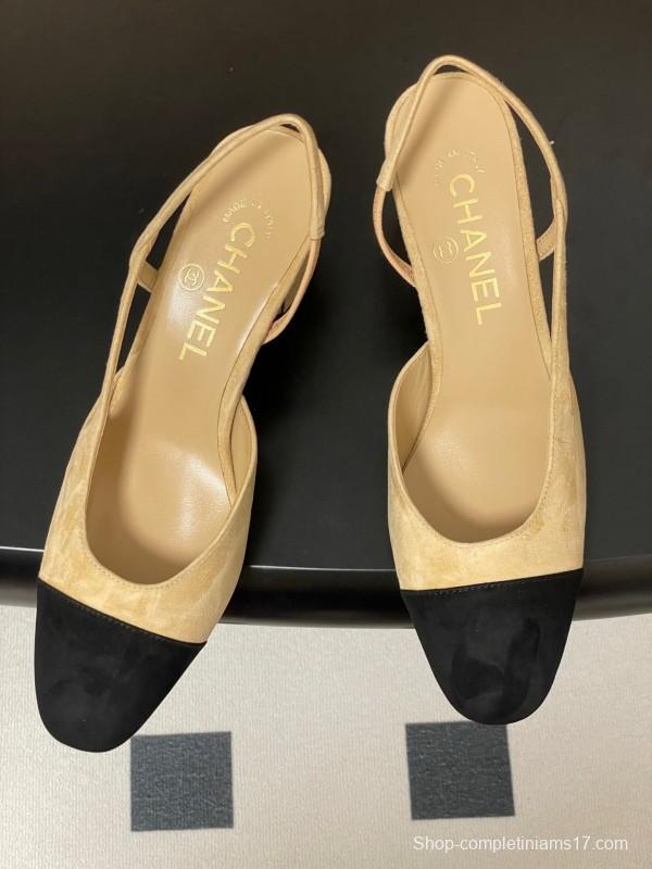 Chanel Sling-back Two-Tone Suede Slingback Sandals Flat/Block Heel - KFY00280