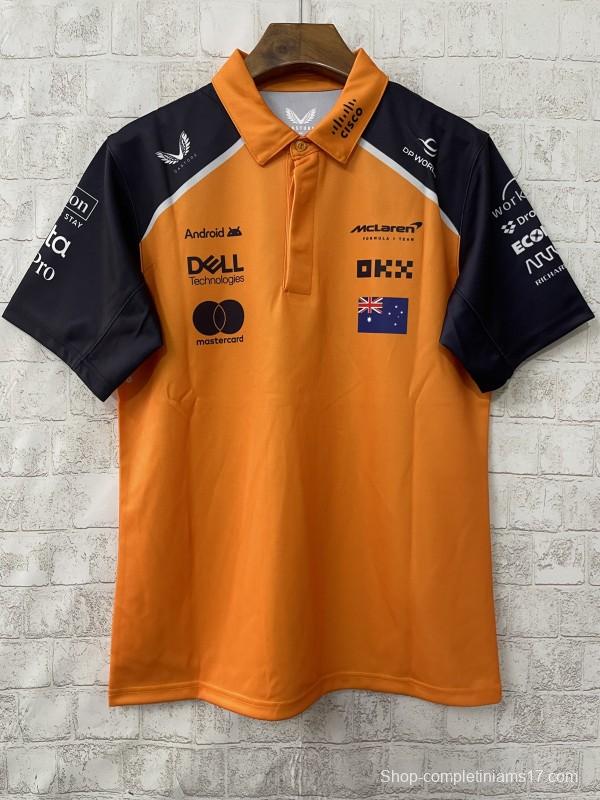 2026 F1 McLaren Racing Papaya Orange with Navy Blue Raglan Sleeves Polo Jersey