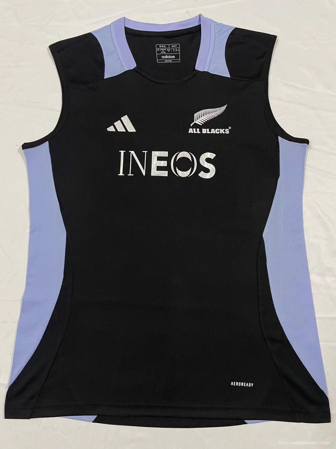 2024 New Zealand All Blacks Black with Light Blue Side Panels Sleeveless Jersey