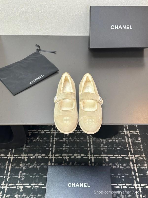 Chanel 2025 SS French Mary Jane Flat Shoes with Fur Trim - KFY00300