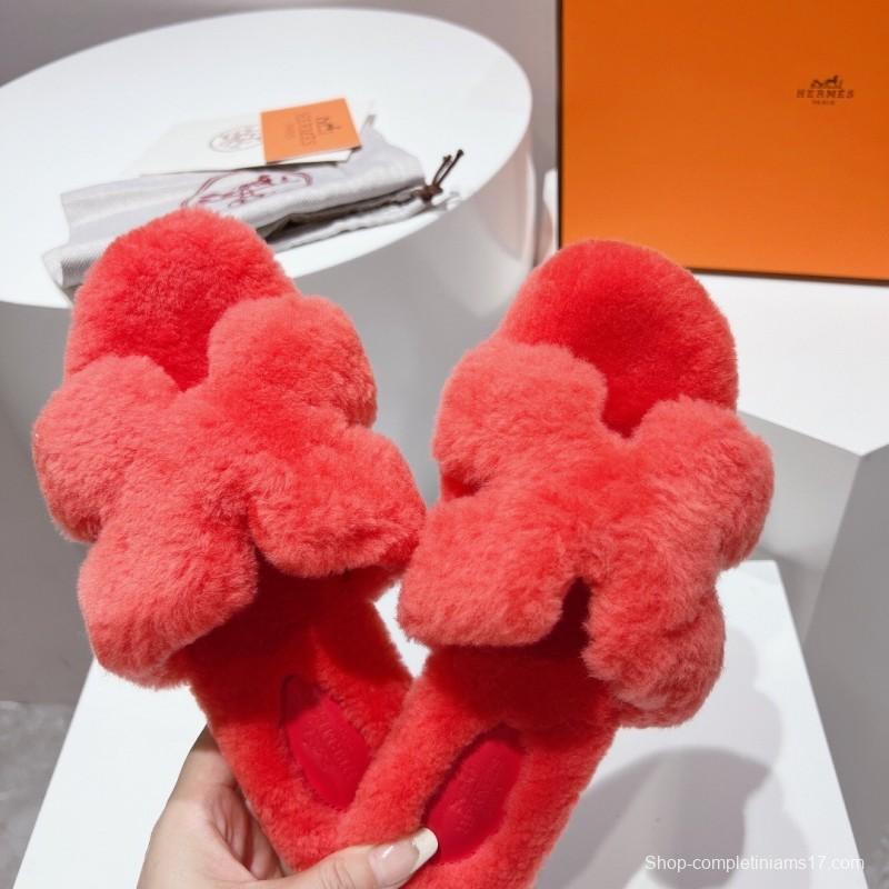 Hermès Teddy Wool H Slippers Flat Sole Fur Slides - LY00240