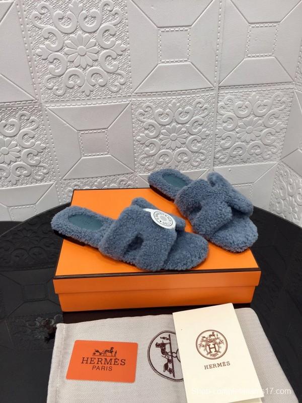 H Teddy Wool H Slippers Flat Sole Autumn Winter - LY00240