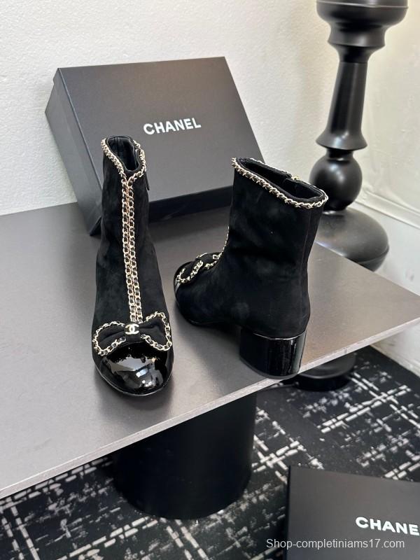 Chanel 2025 SS Chain Bow Chunky Heel Ankle Boots - LY00370