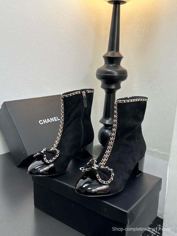 Chanel 2025 SS Chain Bow Chunky Heel Ankle Boots - LY00370