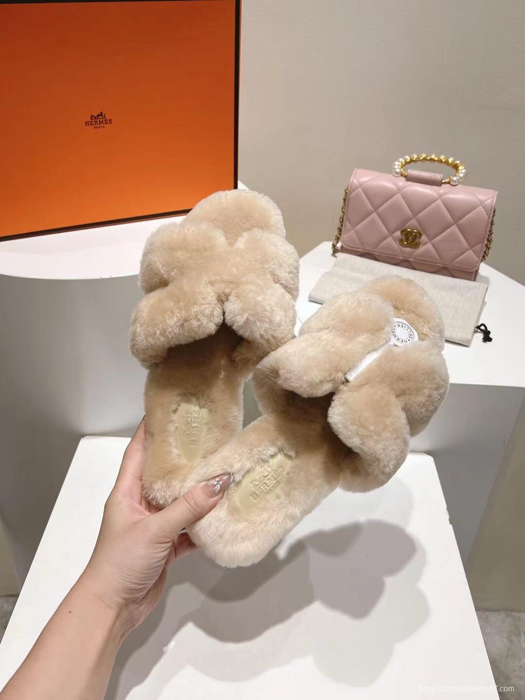 Hermès 2025 SS Autumn Winter Flat Wool Slippers - LY00240