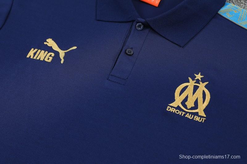26/27  Marseille Navy Blue  Polo Training Shirt + Long Pants Tracksuit