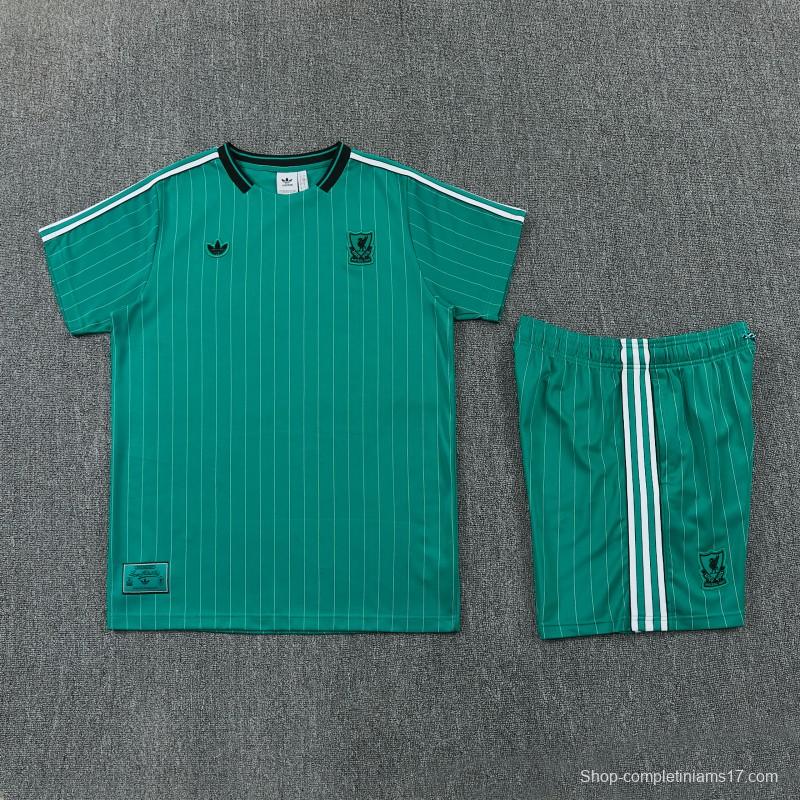 26/27 Liverpool   Green Pinstripe  Short Sleeve+Soccer Shorts