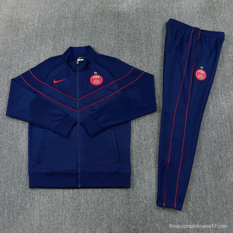 26/27 Paris Saint-Germain Navy Blue with Red Chevron Stripe Full Zipper Jacket Tracksuit + Long Pants (Home)