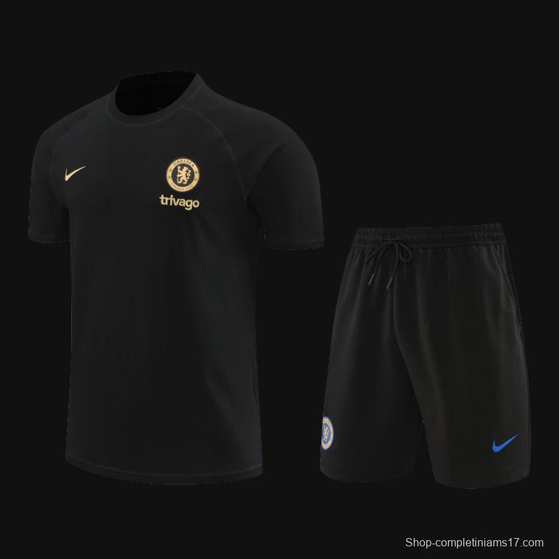 23/24 Chelsea Black Cotton Short Sleeve Jersey+Shorts