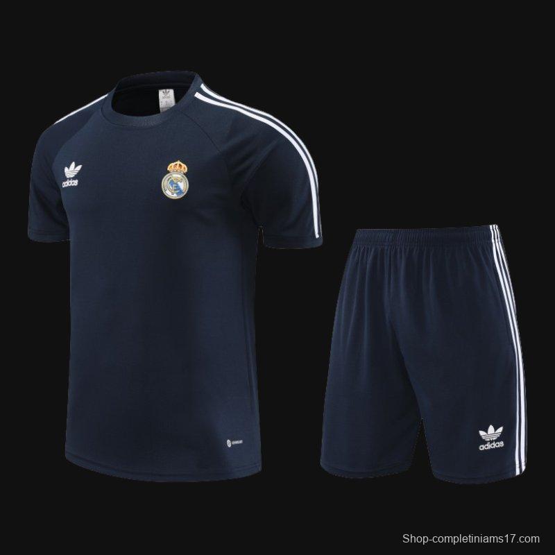 23/24 Adidas Originals Real Madrid Navy Cotton Short Sleeve Jersey+Shorts