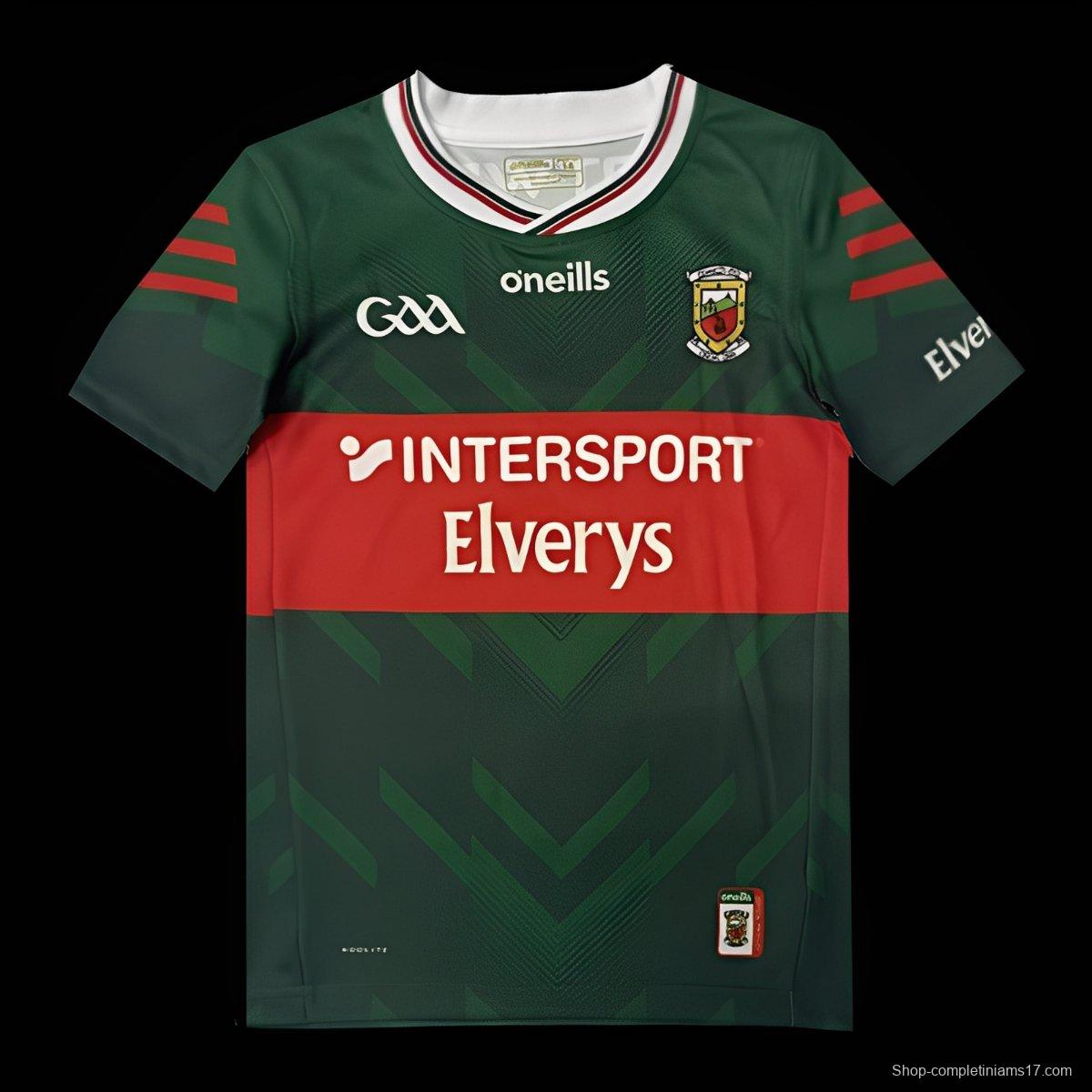25/26 Kids  Mayo GAA Green and Red with Chevron Pattern Home Jersey