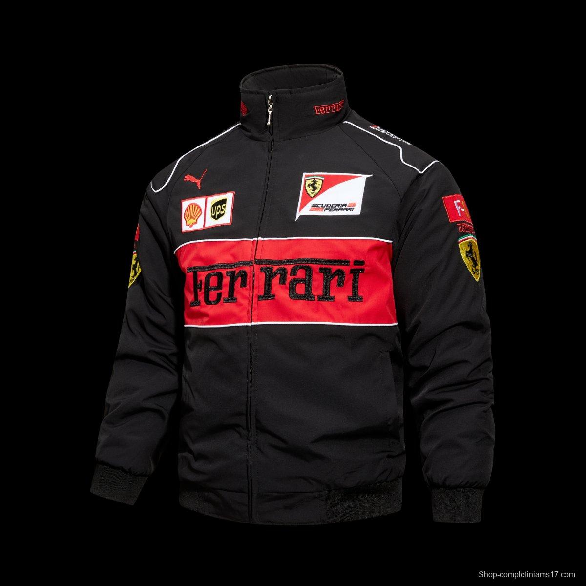 2026 Scuderia Ferrari F1 Team Black Racing Jacket with Red Stripe and Shell UPS Sponsor Logos