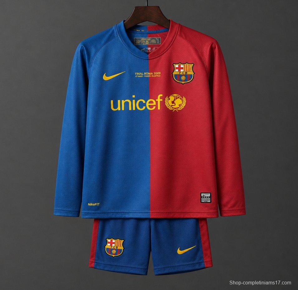 Retro Kids 08/09 Barcelona Home Champions Long Sleeve Jersey